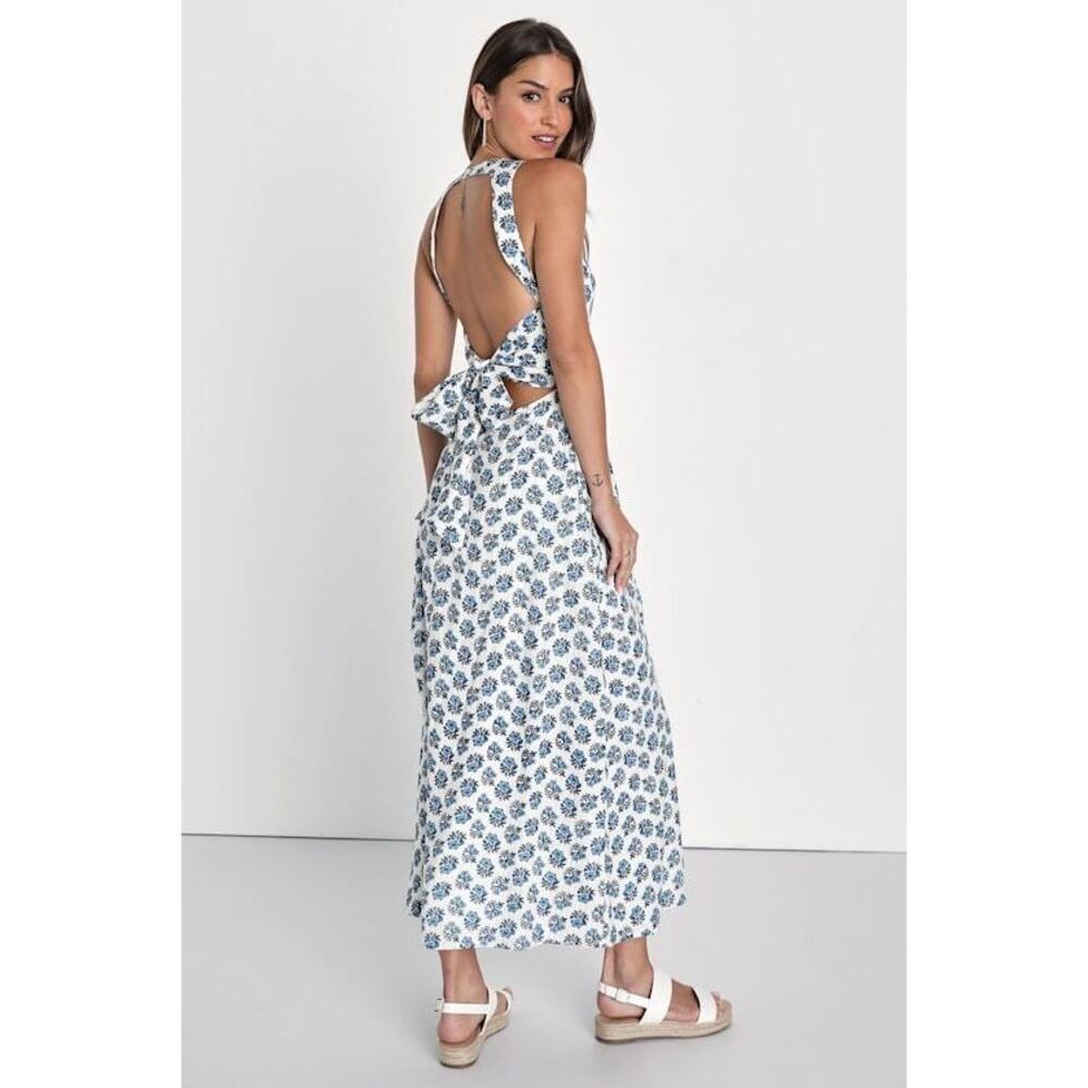 Lulus Flirty Fave Ivory Floral Print Tie-back Midi Dress White - Size S